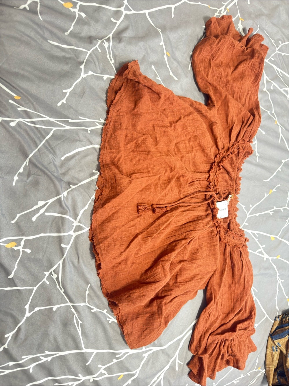 Free People Burnt Orange Ruffled Boho Tunic with Tassel Tie - Picture 3 of 6